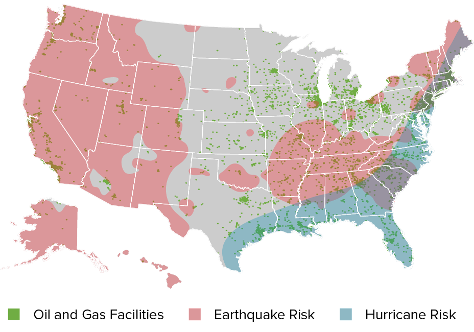 US Oil and Gas Facility Locations with Hurricane and Seismic Overlay US Oil and Gas Facility Locations with Hurricane and Seismic Overlay
